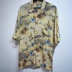 Vintage Hana Bay Mens Hawaiian Shirt Size XL Yellow Floral Fish Boat Hut Hula